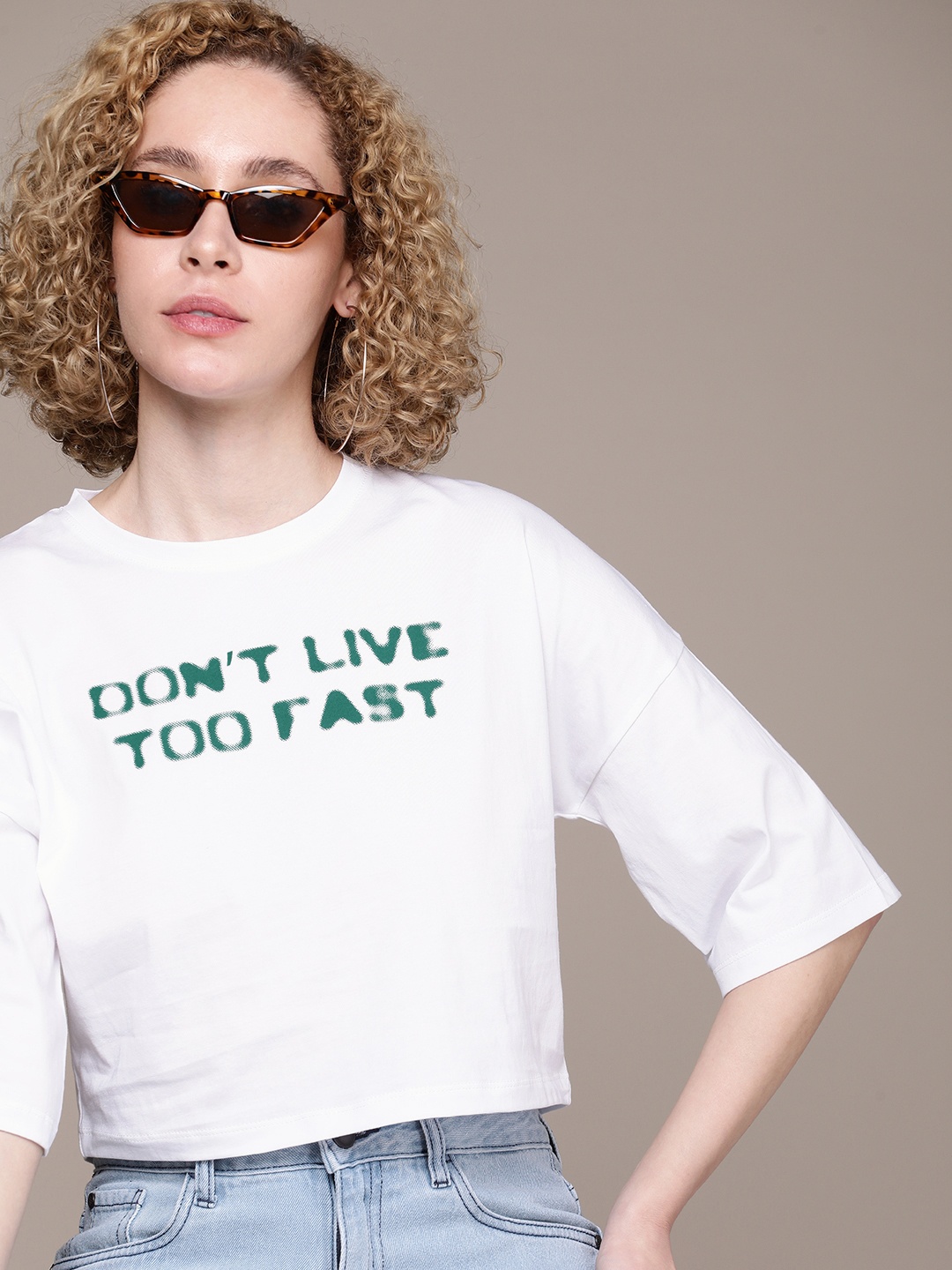 

The Roadster Life Co. Typography Printed Drop-Shoulder Sleeves Boxy Crop T-shirt, White
