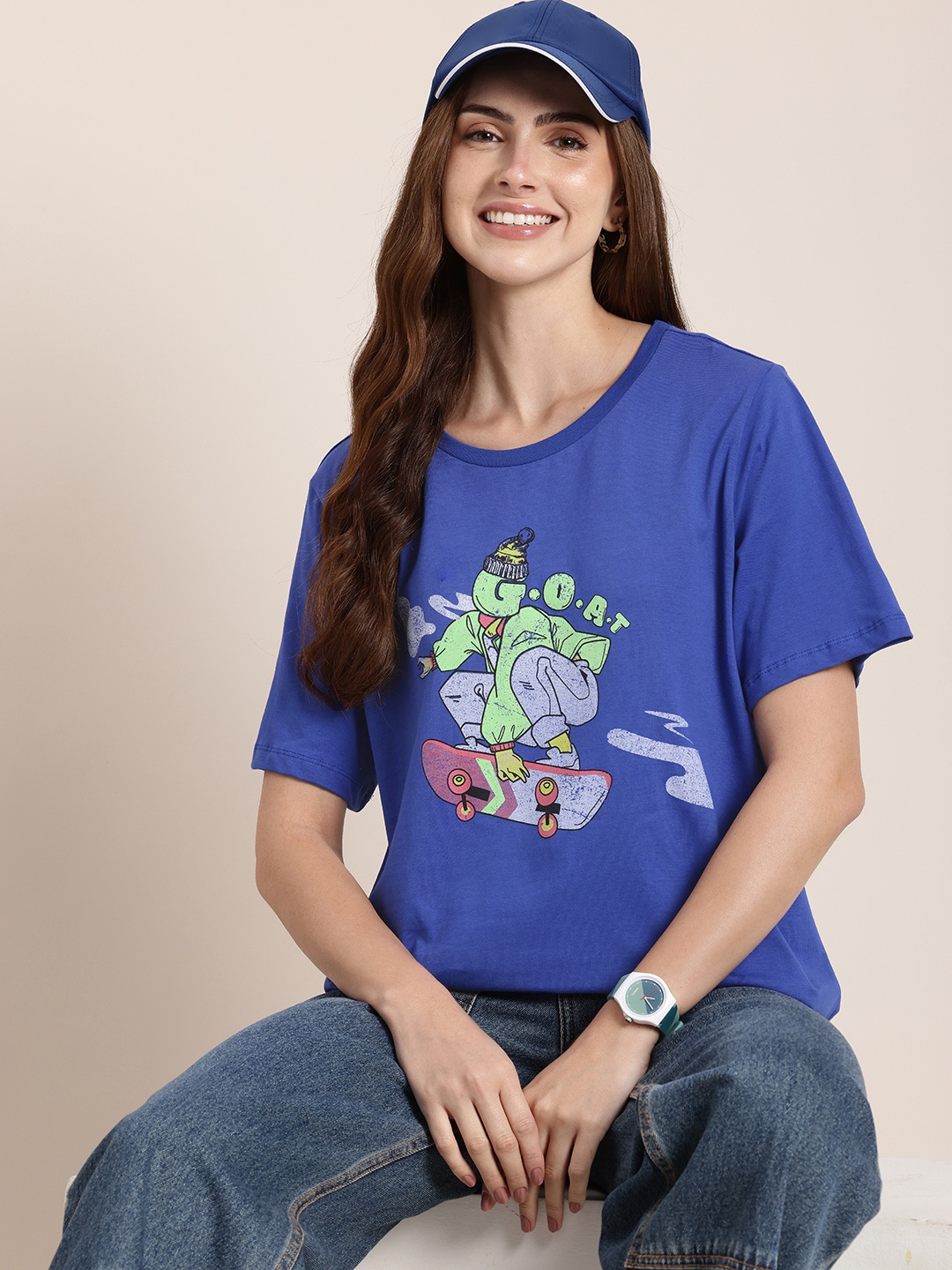 

HERE&NOW Printed Pure Cotton T-shirt, Blue