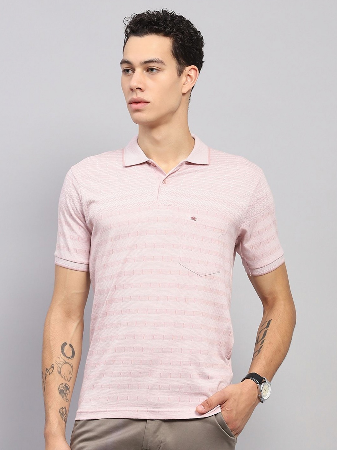 

Monte Carlo Men Striped Polo Collar Cotton T-shirt, Peach