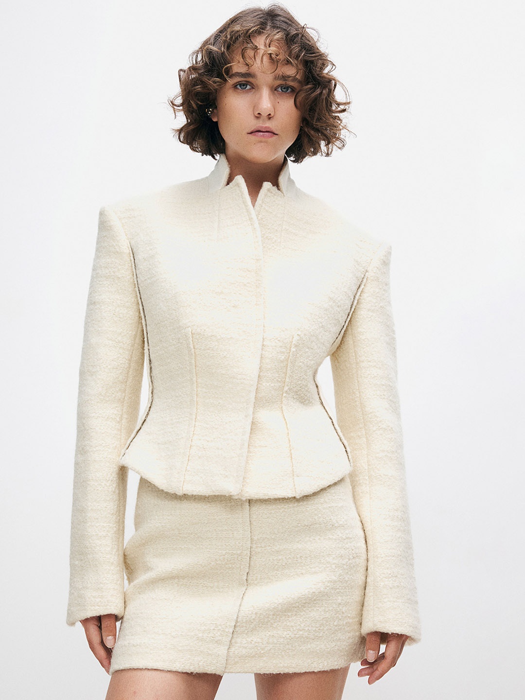 

H&M Wool-Blend Tapered-Waist Jacket, Cream