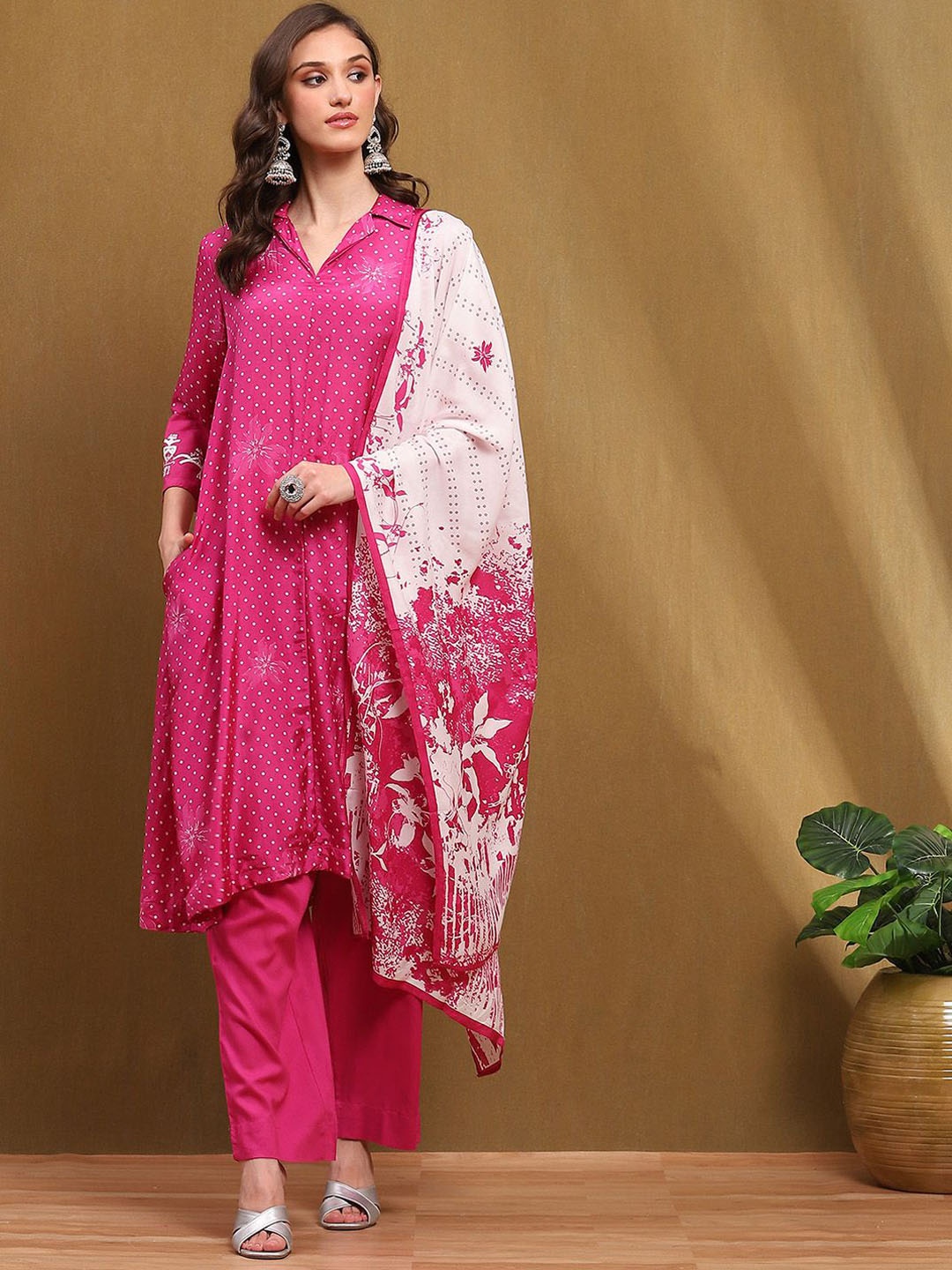 

Biba Ethnic Motifs Printed Thread Work A-Line Kurta With Palazzos & Dupatta, Pink