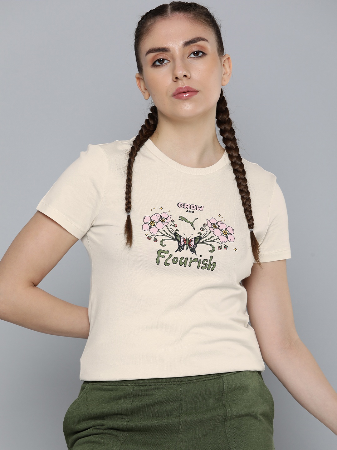 

Puma Women Grow & Flourish Printed Pure Cotton T-shirt, Off white