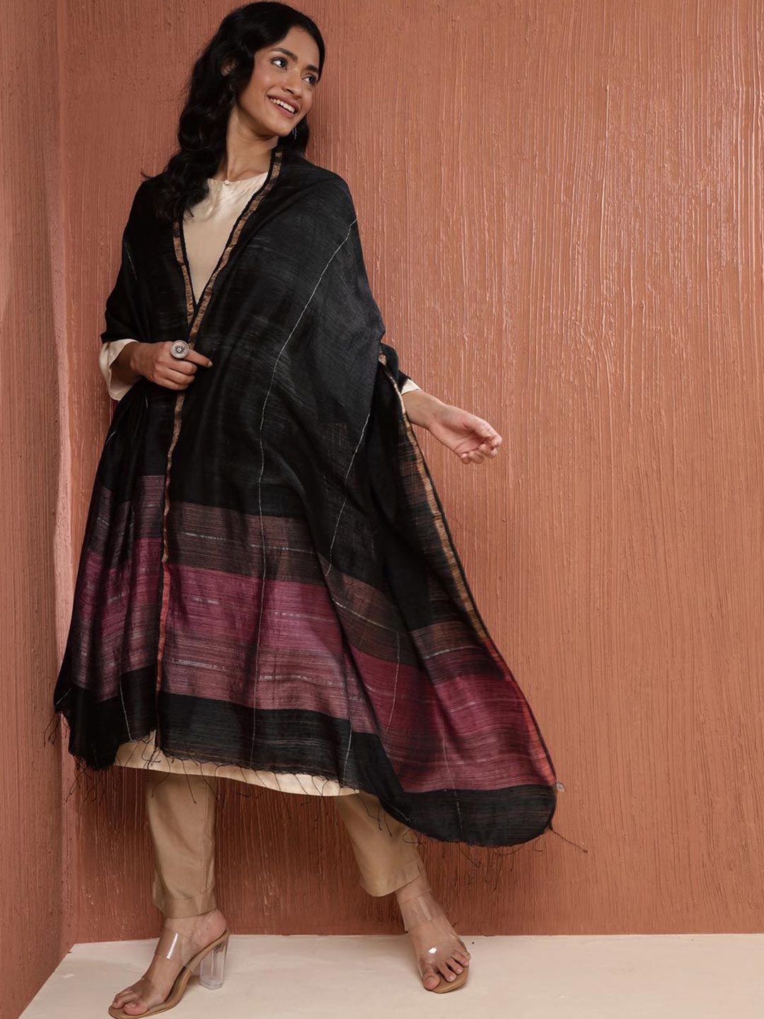 

Fabindia Striped Woven Design Silk Dupatta, Black