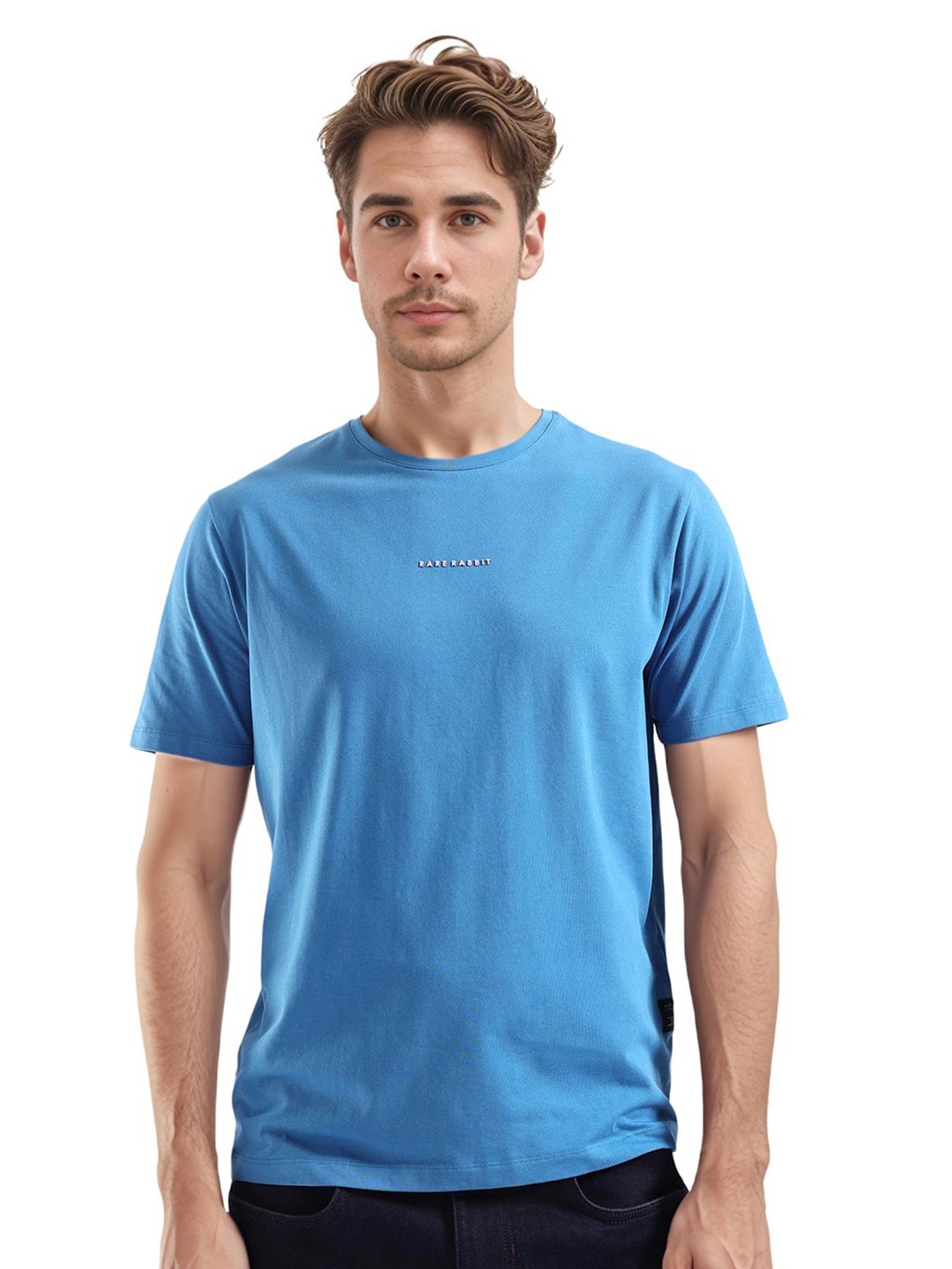 

RARE RABBIT Men Solid Round Neck Cotton T-shirt, Blue