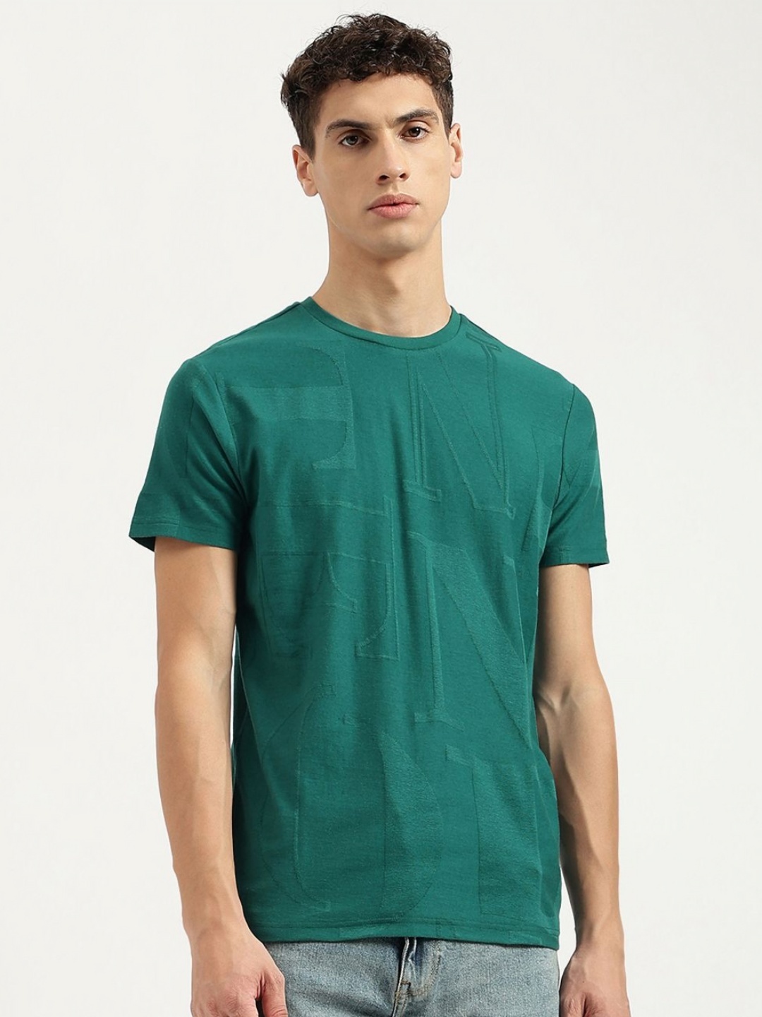 

United Colors of Benetton Men Self Design Round Neck Cotton T-shirt, Green