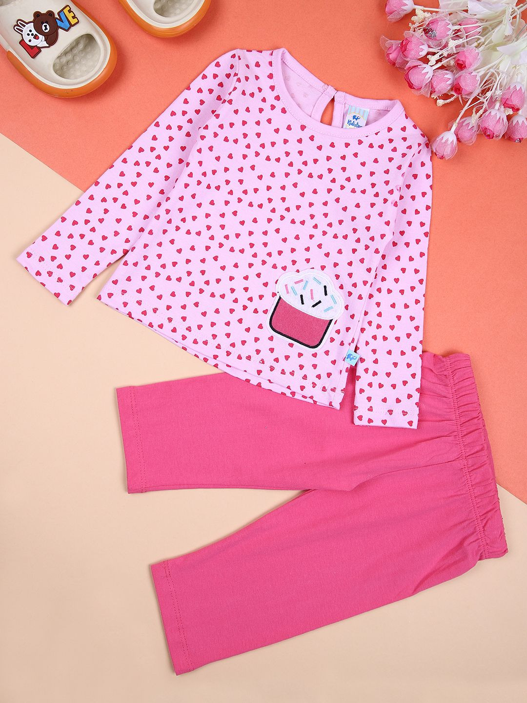 

V-Mart Girls Printed Pure Cotton Top with Leggings, Pink