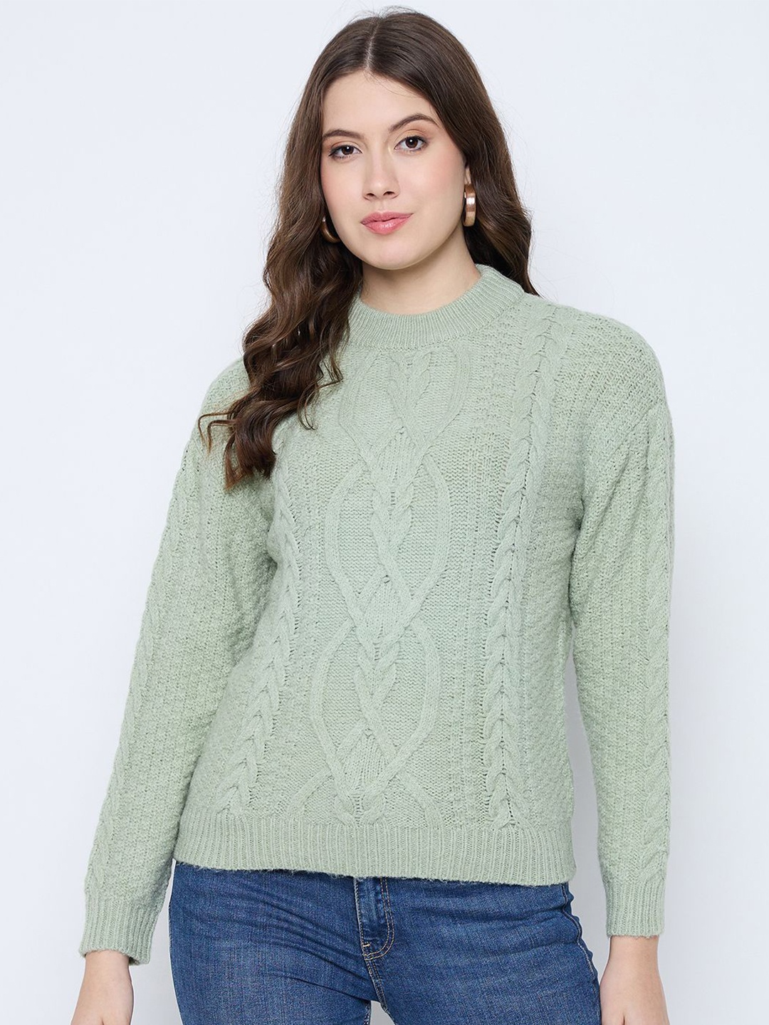 

Knitstudio Women Cable Knit Woollen Pullover, Green
