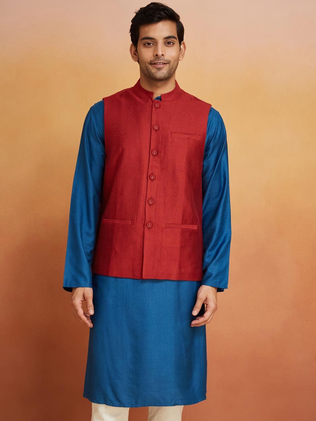

Fabindia Men Woven-Design Nehru Jackets, Maroon