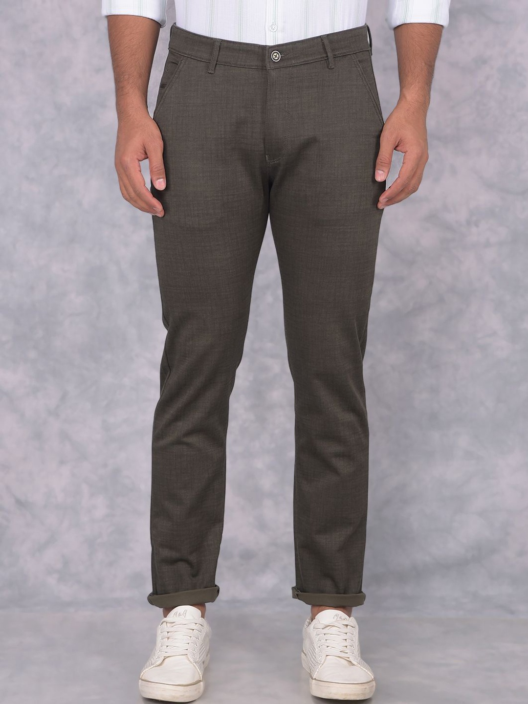 

Crimsoune Club Men Printed Smart Slim Fit Chinos Trousers, Olive