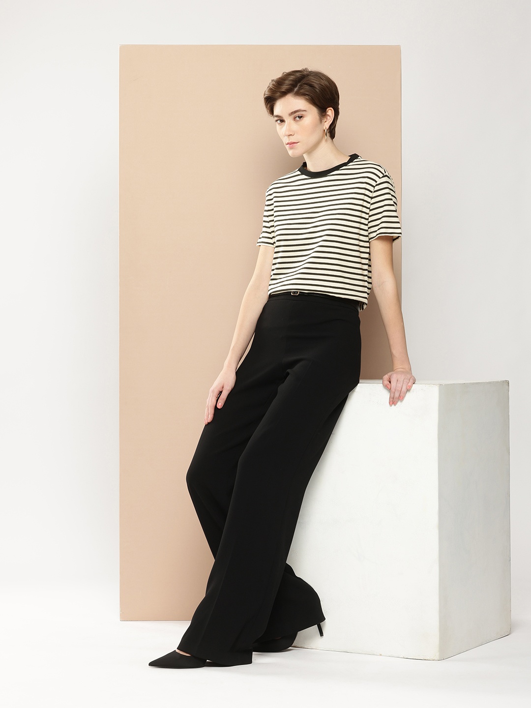 

her by invictus Striped Pure Cotton T-shirt, Beige