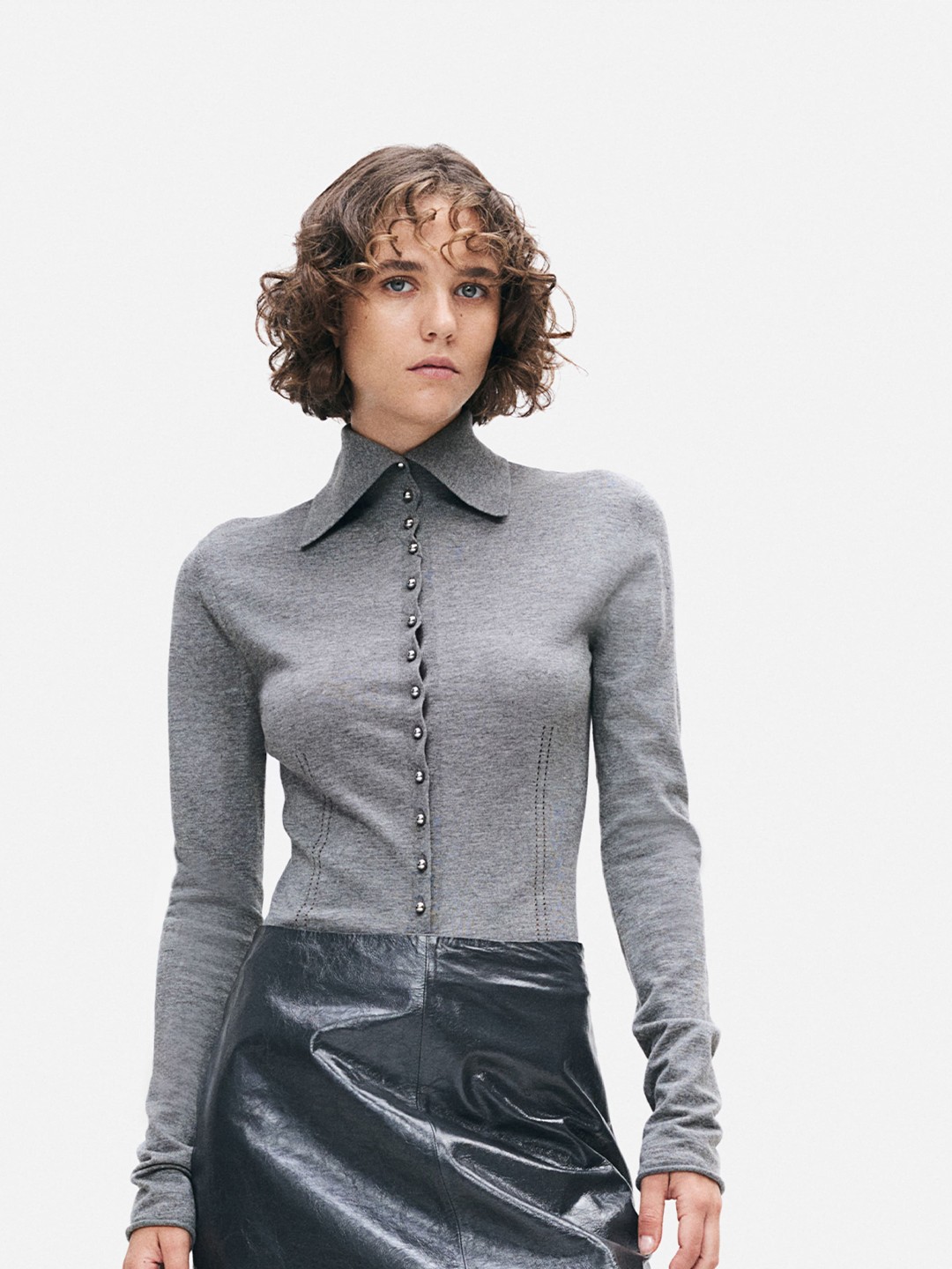 

H&M Wool-Blend Button-Front Knitted Top, Grey