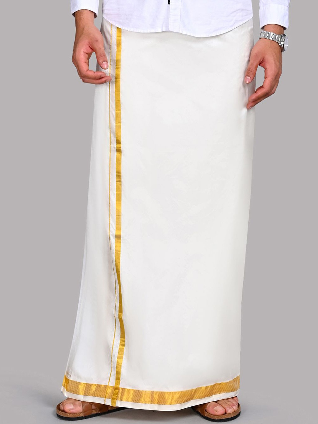 

Devala Weavers Society Men Pure Cotton Solid 1/2 inch gold zari border Single layer Dhoti, White