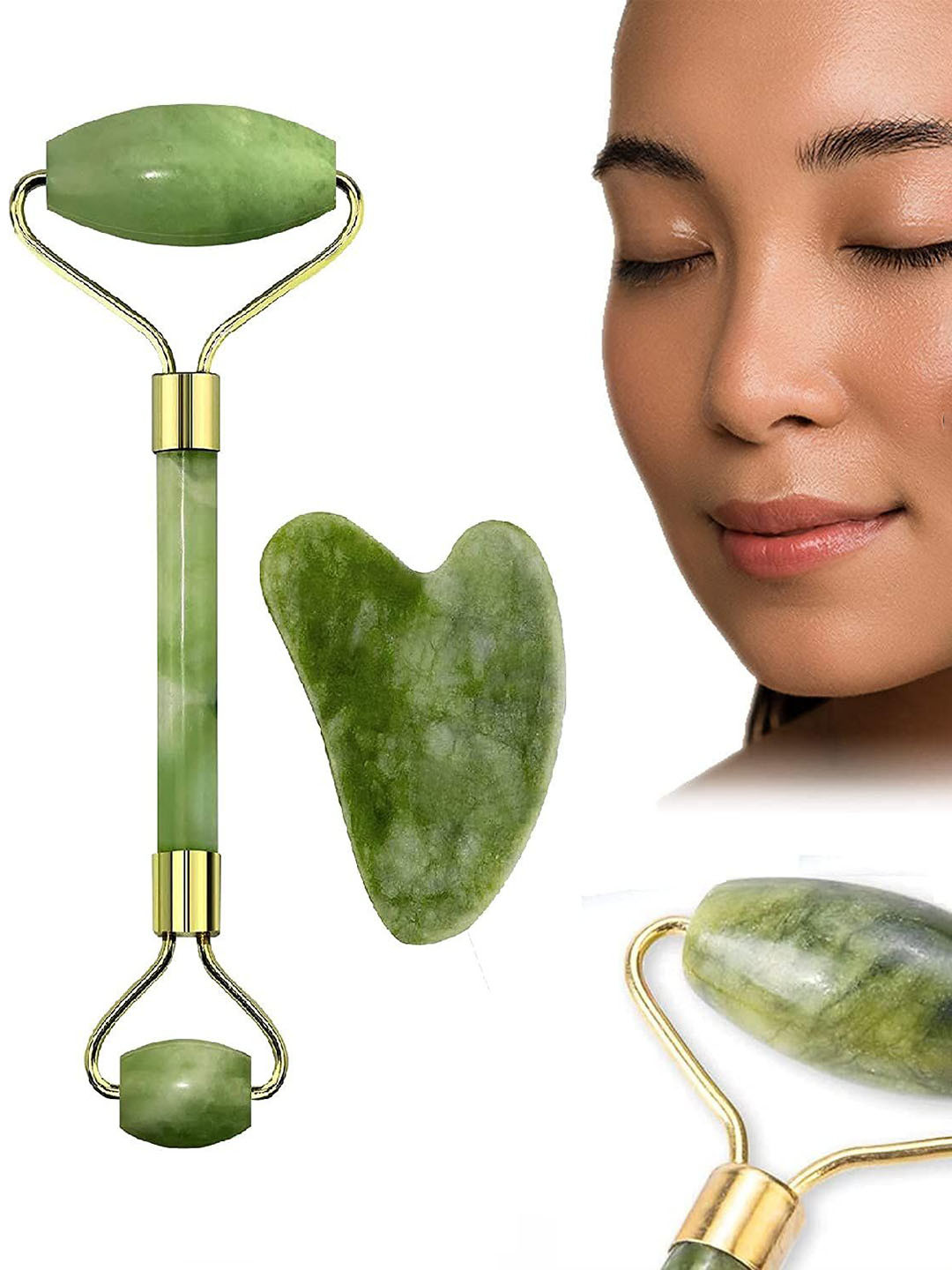 

KINDRED Set Of 2 Facial Roller Massager & Under Eye Stone, Green