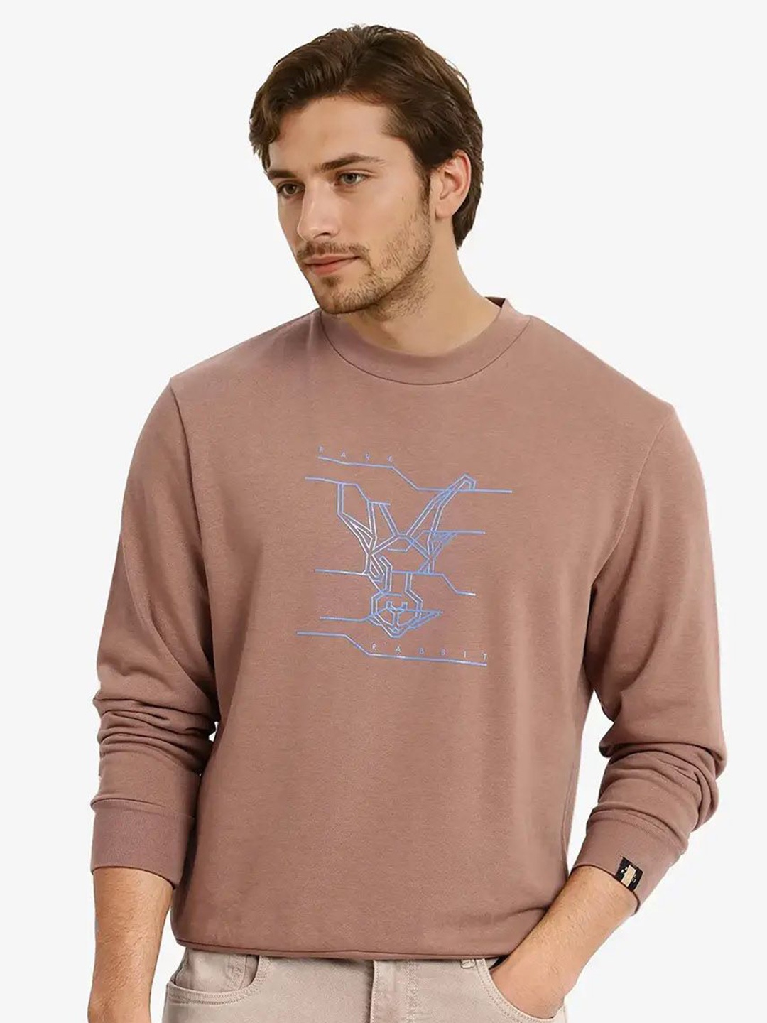 

RARE RABBIT Men Printed Round Neck Cotton Sweatshirt, Brown