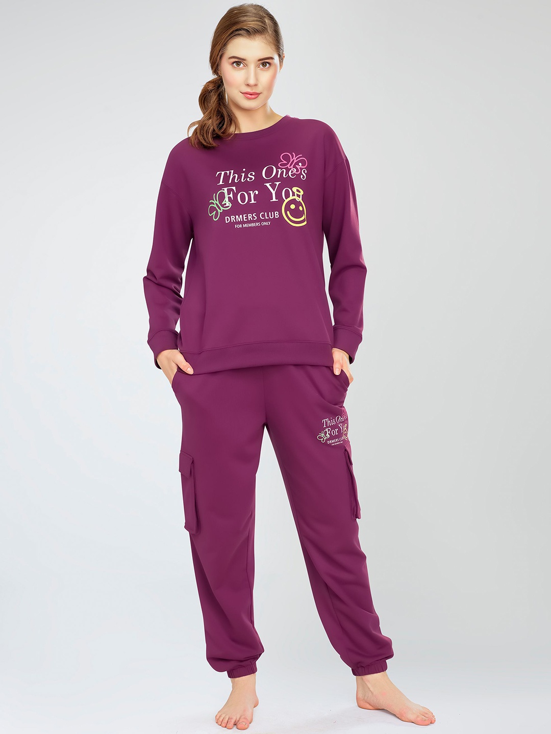 

Zeyo Printed Sweatshirts With Joggers Co-Ords, Purple