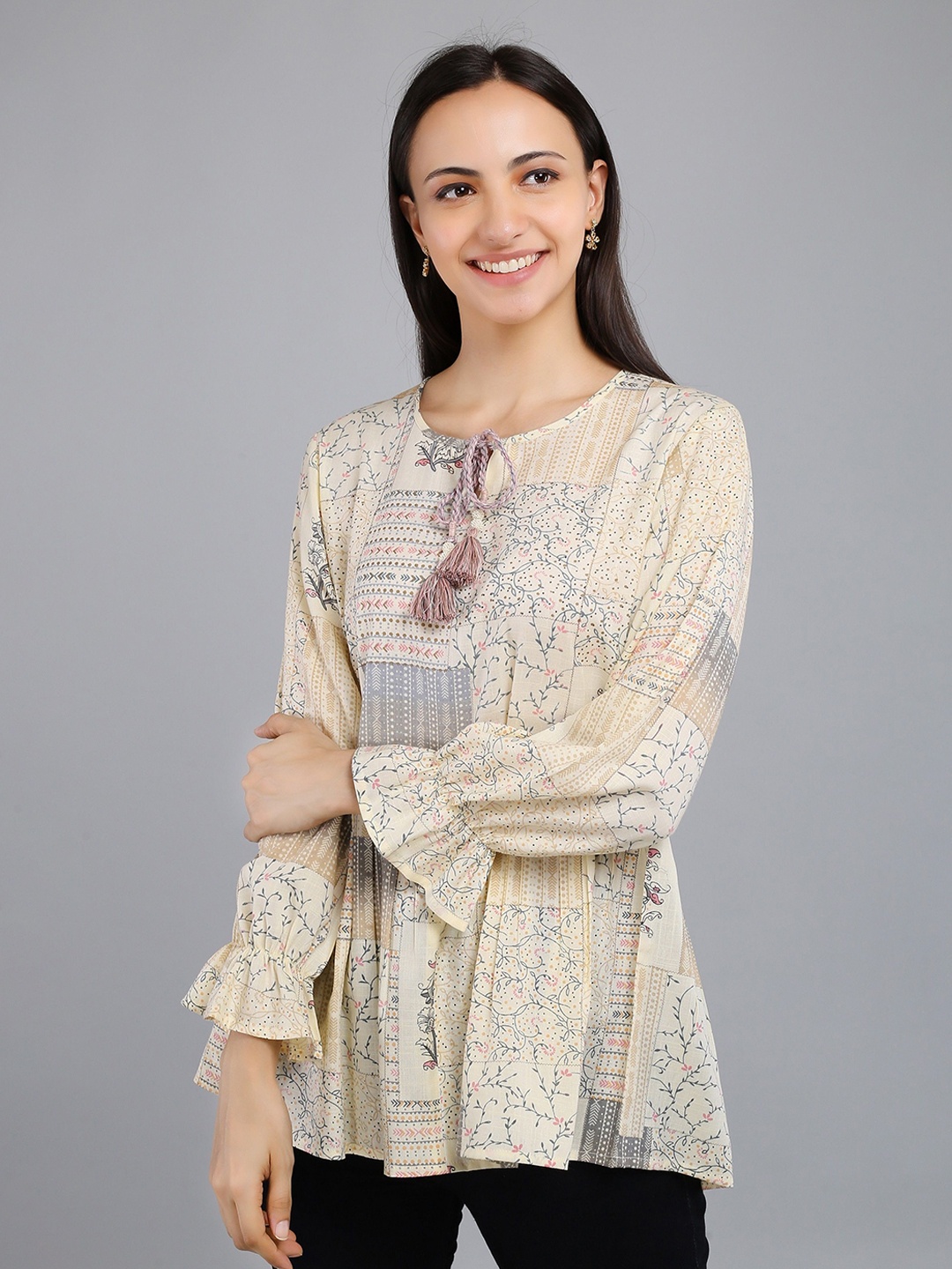 

VAPPSYAM Square Neck Printed Ethnic Tunic, Grey