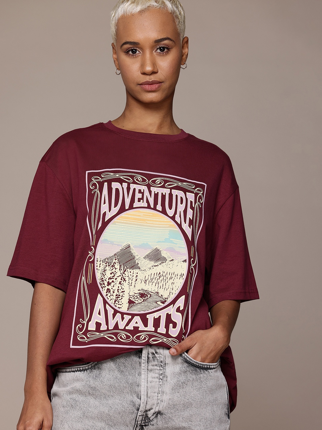 

The Roadster Lifestyle Co. Printed Oversized Pure Cotton T-shirt, Burgundy