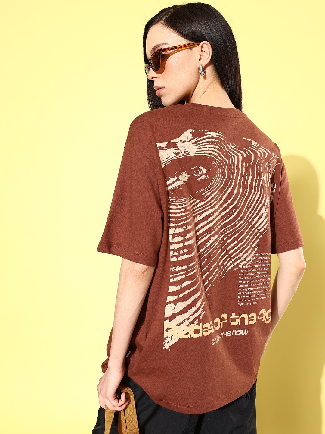 

The Roadster Life Co. Printed Drop-Shoulder Sleeves Oversized Longline T-shirt, Brown