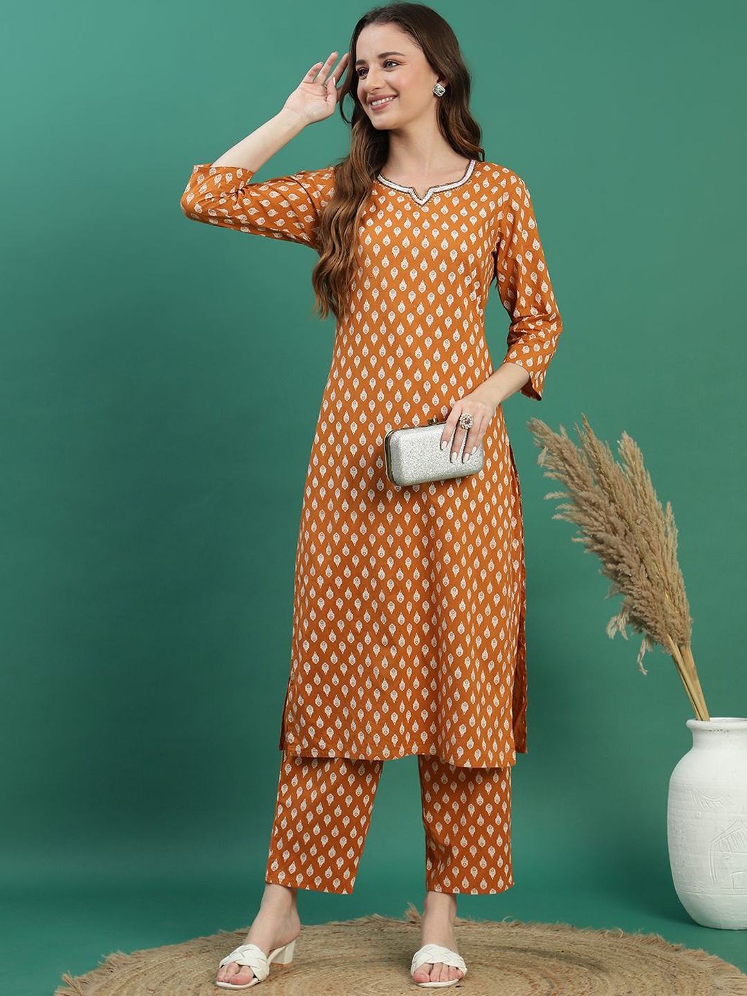 

Ramas Floral Printed Sequinned Pure Cotton Kurta with Palazzo, Mustard