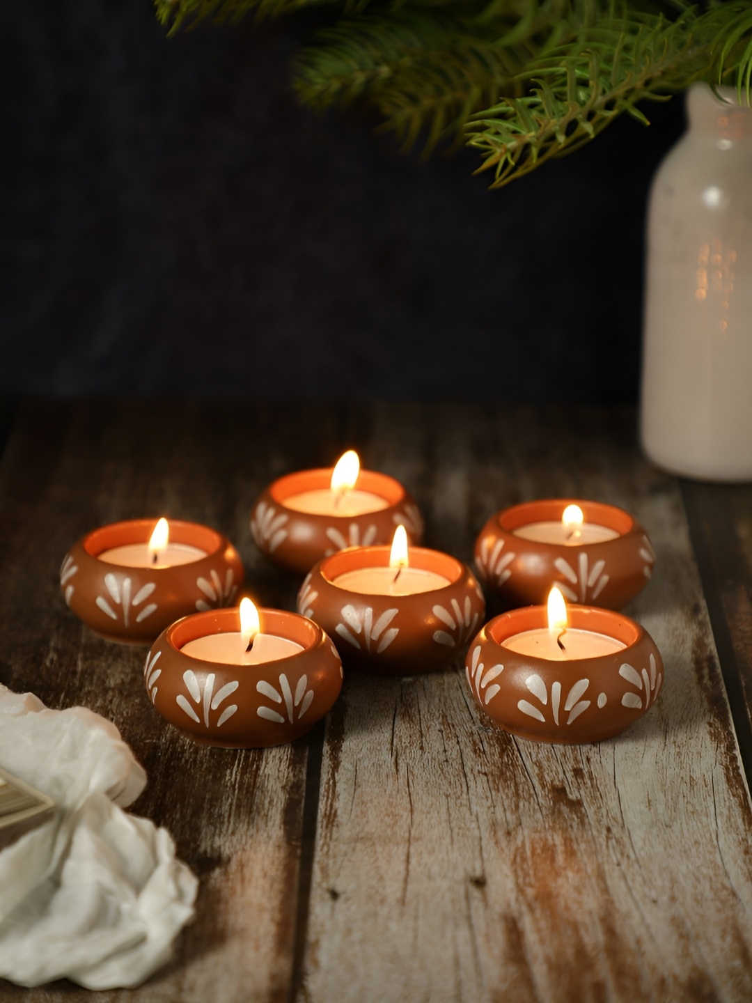 

VarEesha Brown & White 6 Pieces Floral Ceramic Candle Holders