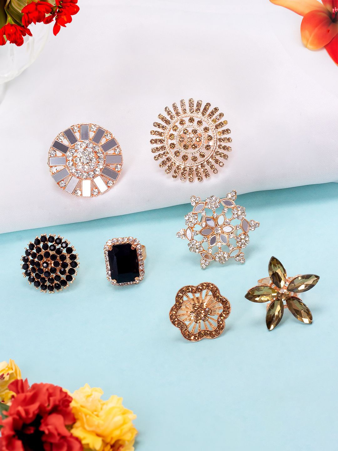 

PRIVIU Set Of 7 Rose Gold Plated Stones Studded Adjustable Finger Rings