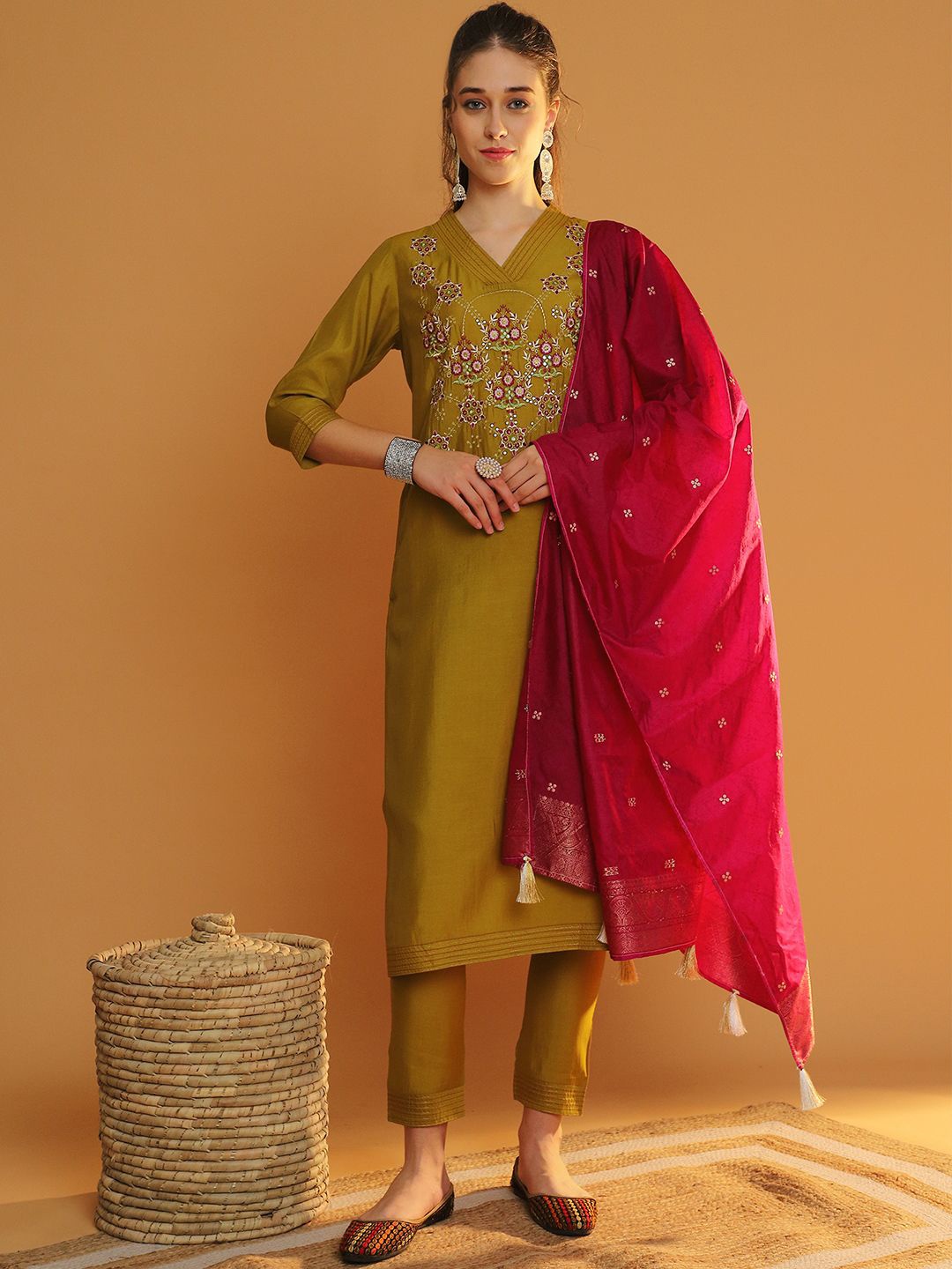 

Tulsattva Floral Embroidered V-Neck Regular Chanderi Cotton Kurta With Trouser & Dupatta, Mustard