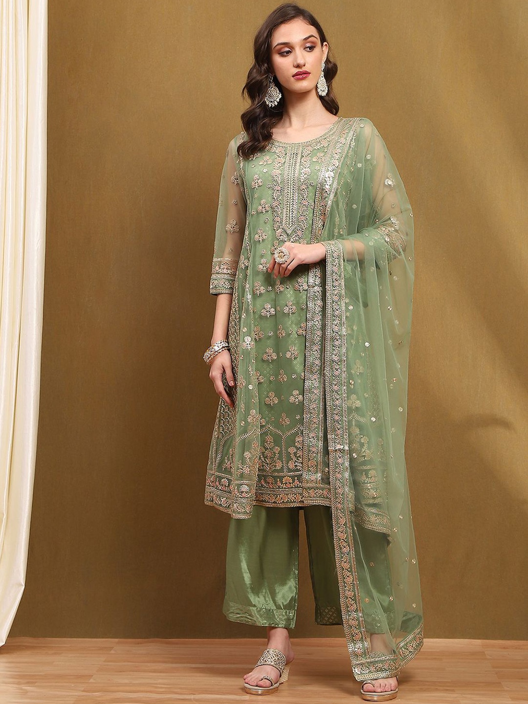 

Biba Floral Embroidered Sequinned Net Straight Kurta With Palazzo & Dupatta, Green