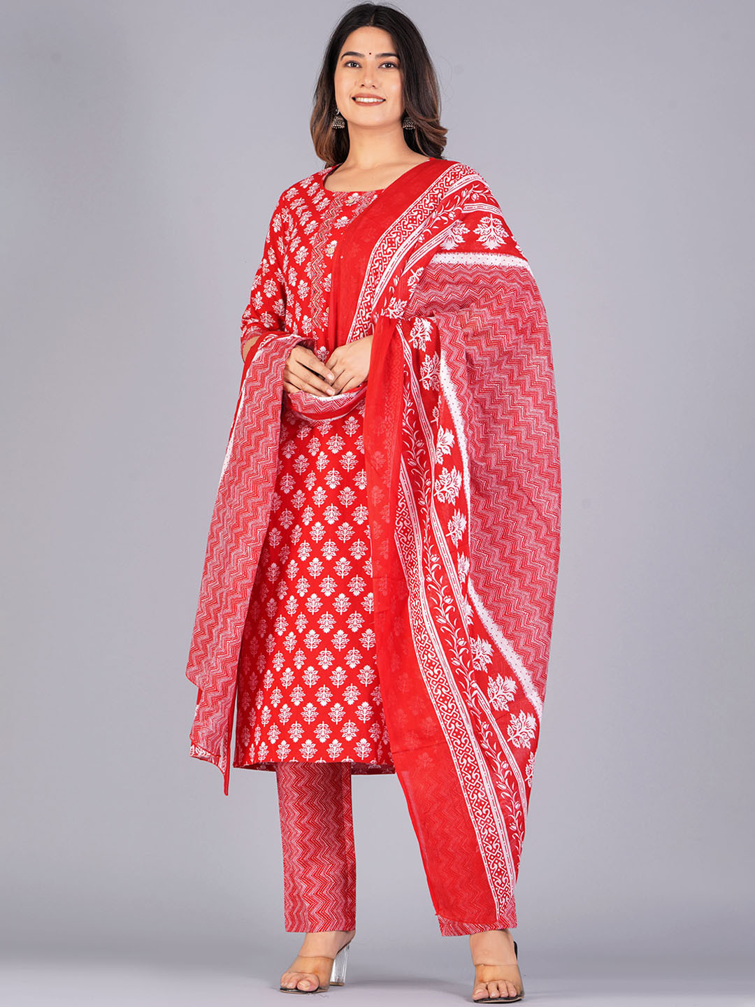 

JAIPURI COLLECTION Women Ethnic Motifs Printed Regular Beads and Stones Pure Cotton Kurta with Pyjamas &, Maroon