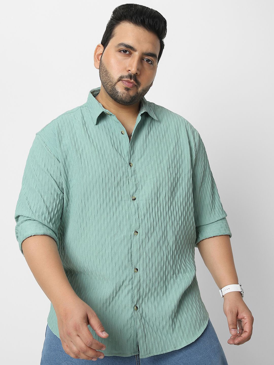 

Urbano Plus Men Spread Collar Popcorn Texture Cotton Casual Shirt, Green