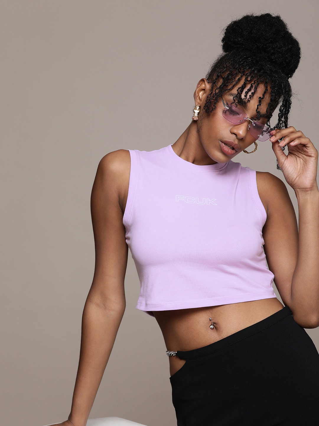 

FCUK Brand Logo Printed Crop T-shirt, Lavender
