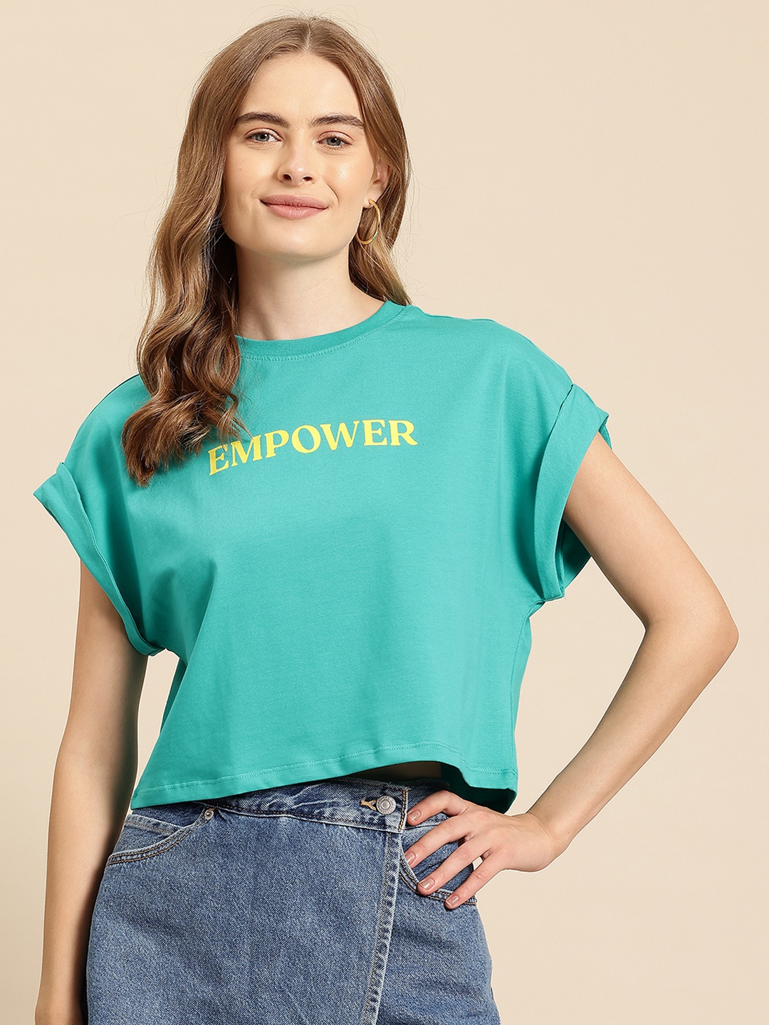 

Mast & Harbour Printed Extended Sleeves Cropped Boxy T-shirt, Sea green