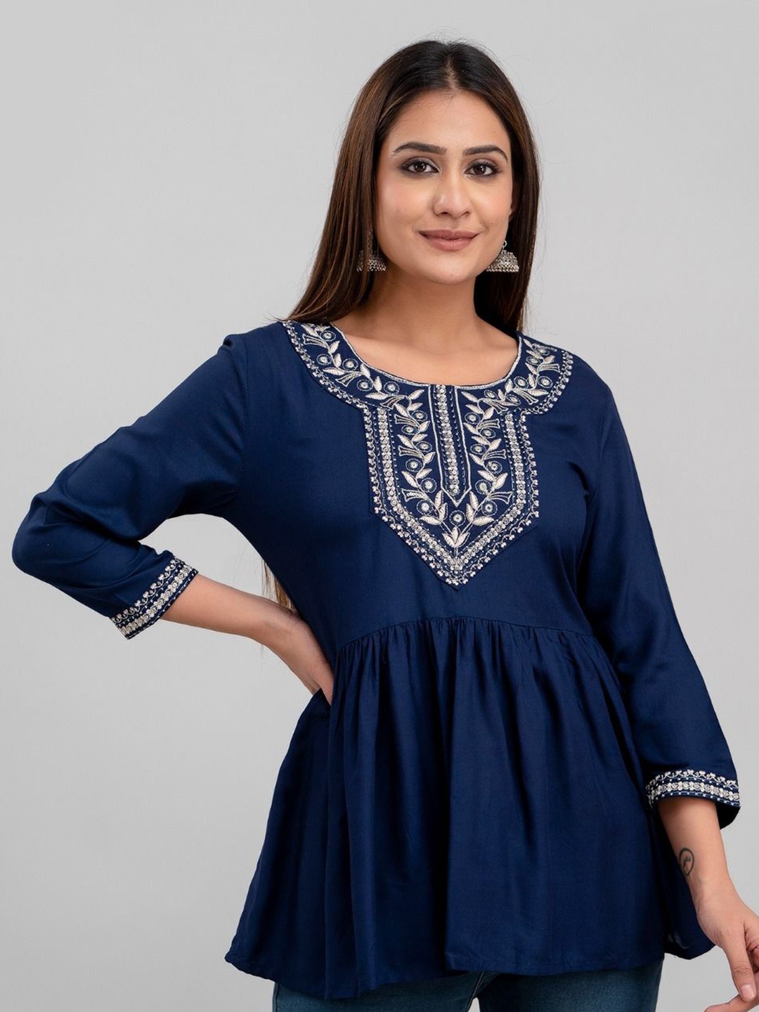 

ANNU PARIDHAN Women Floral Embroidered Top, Blue