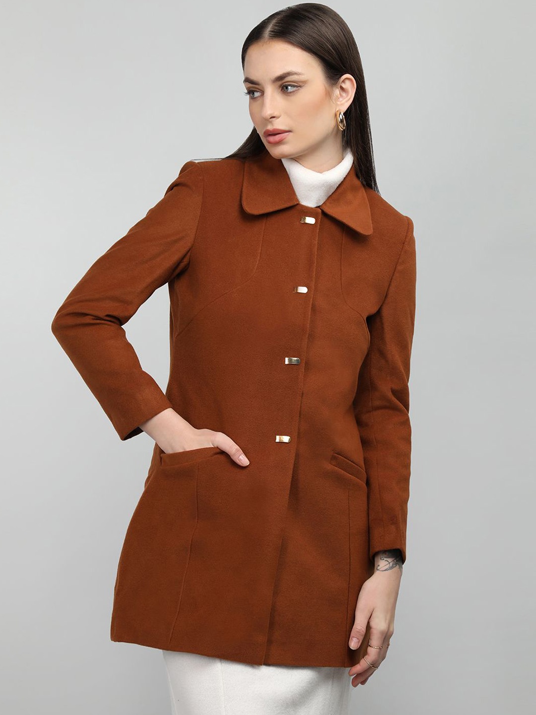 

HONNETE Women Spread Collar Regular Fit Overcoat, Rust