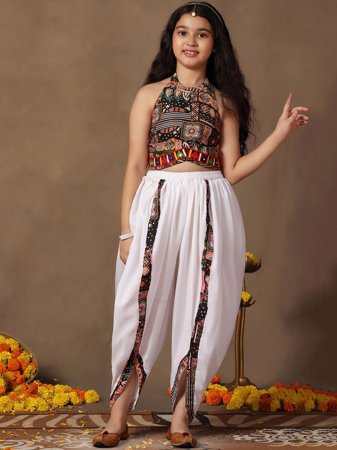 

FASHION DREAM Girls Printed Top with Dhoti Pants, Black