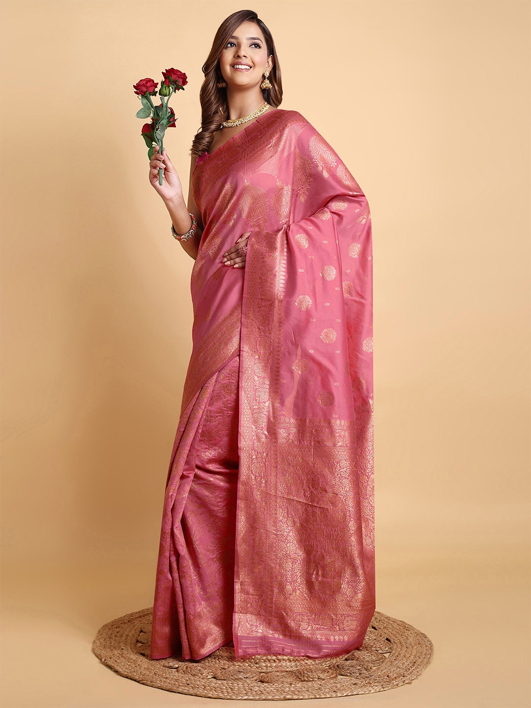 

Sarisp Woven Design Zari Pure Silk Banarasi Saree, Pink