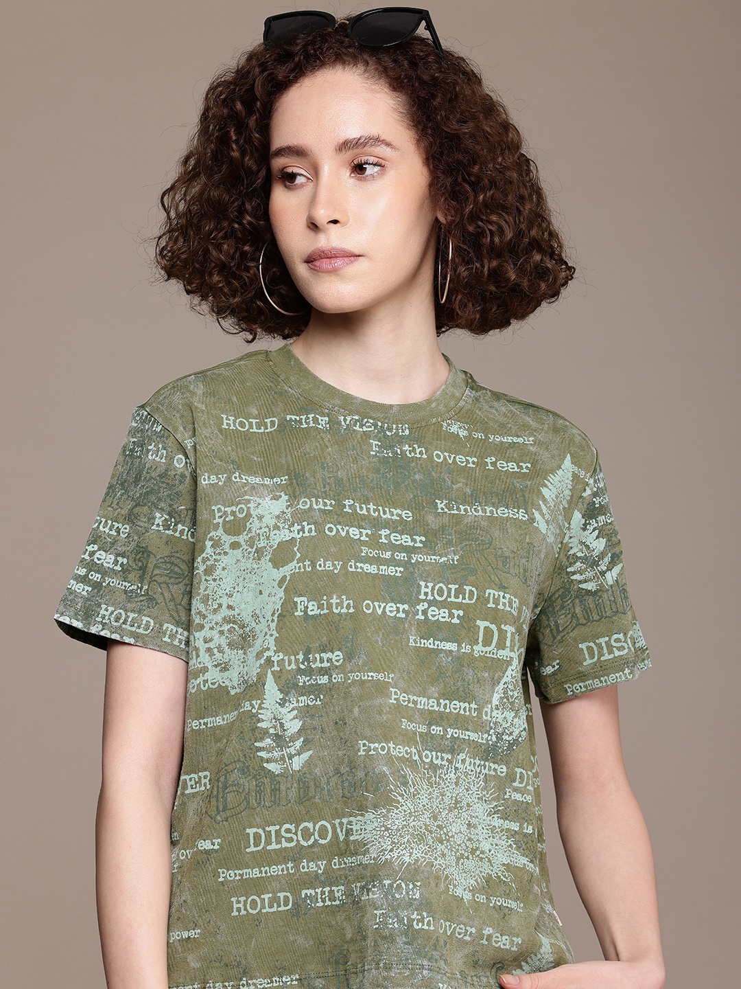 

The Roadster Life Co. Typography Printed Drop-Shoulder Pure Cotton Boxy Washed T-shirt, Olive