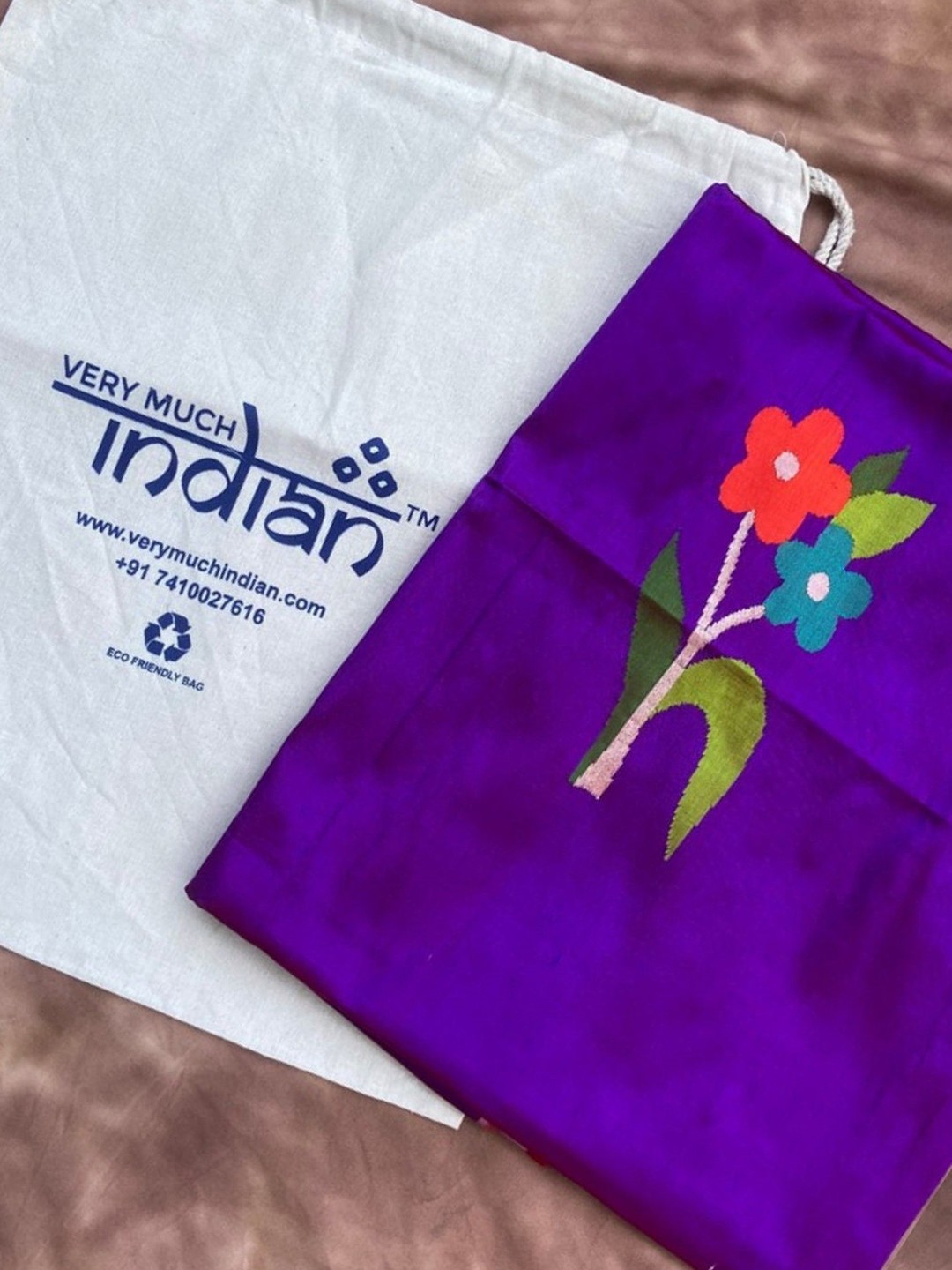 

Very Much Indian Pure Silk Paithani Blouse Fabric with Flower Motifs, Purple