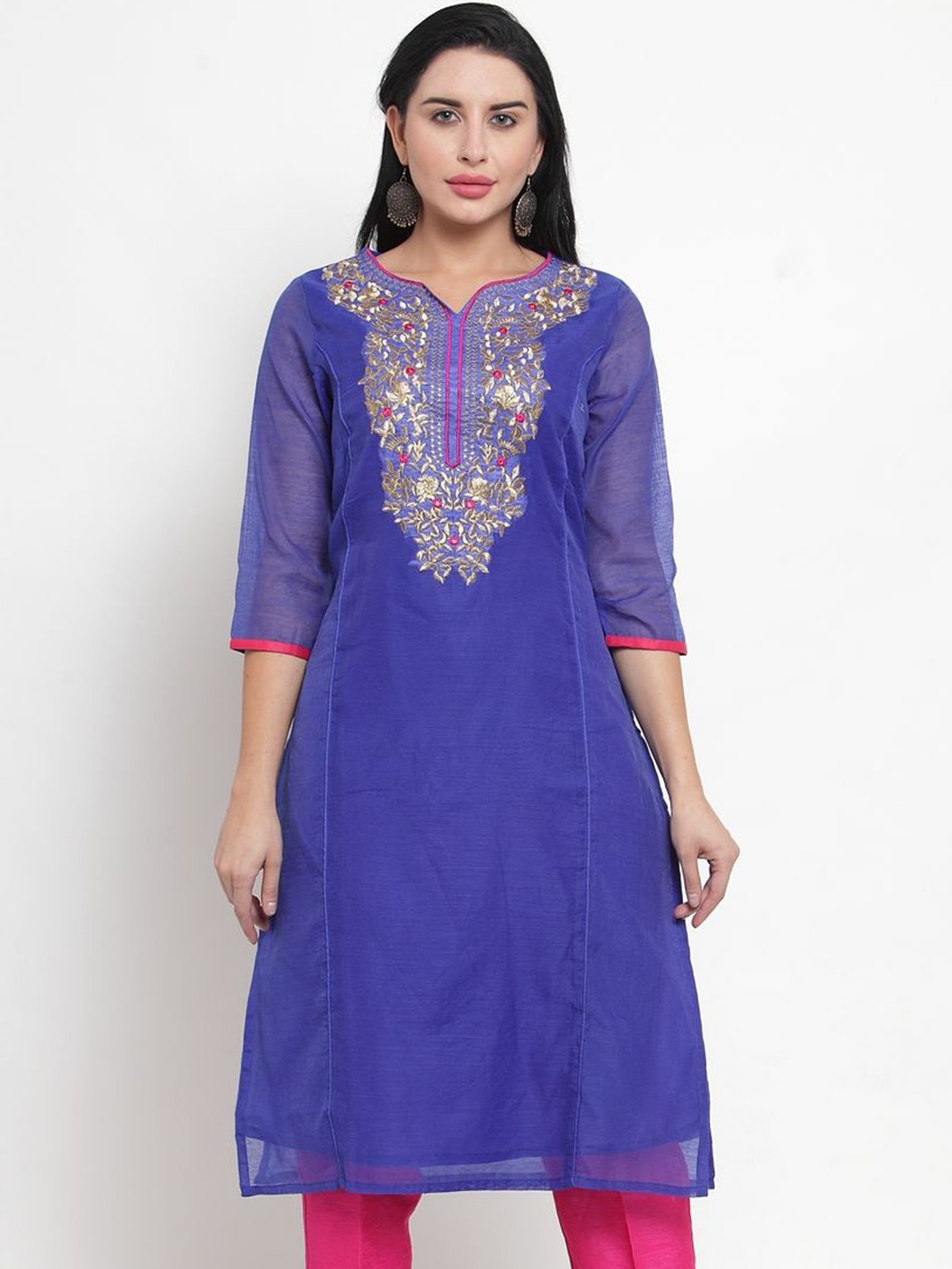 

Purple State Women Yoke Design Three-Quarter Sleeves Straight Kurta, Blue