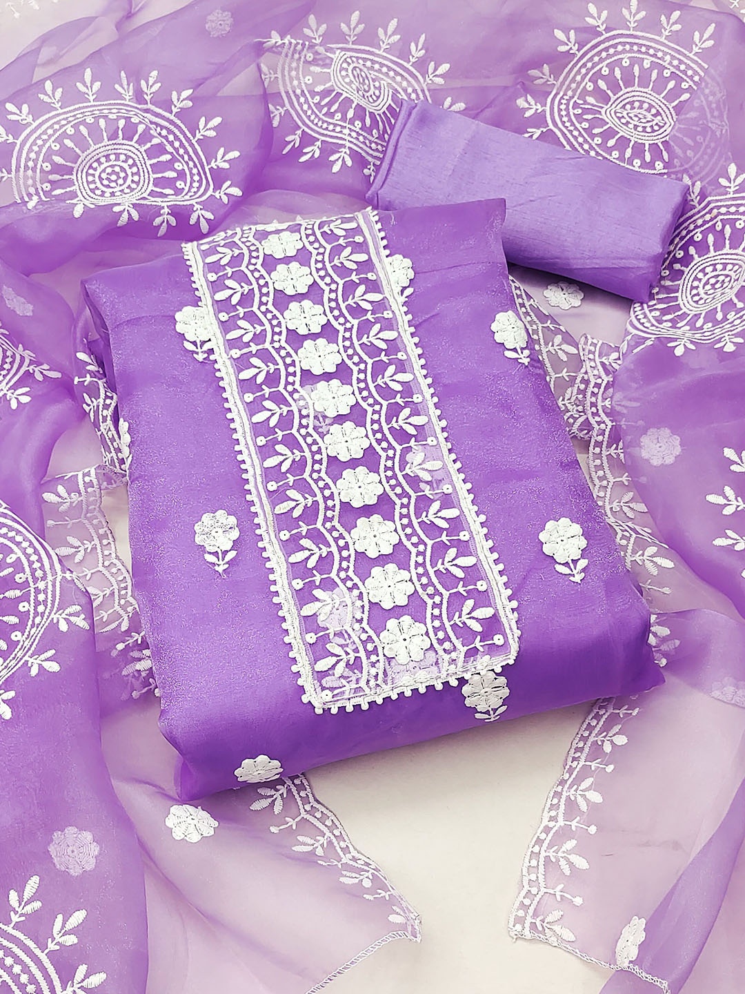 

Maroosh Ethnic Motifs Embroidered Organza Unstitched Dress Material, Purple