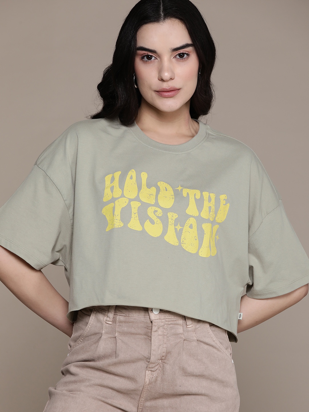 

The Roadster Lifestyle Co. Typography Printed Drop-Shoulder Sleeves Oversized T-shirt, Olive