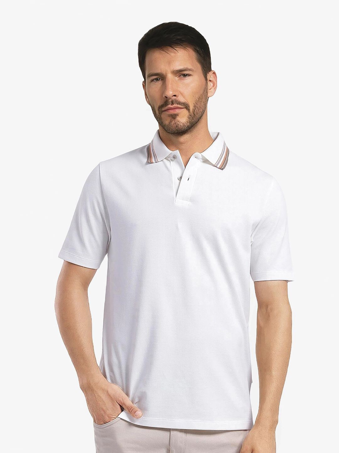 

RARE RABBIT Men Solid Polo Collar Cotton T-shirt, White