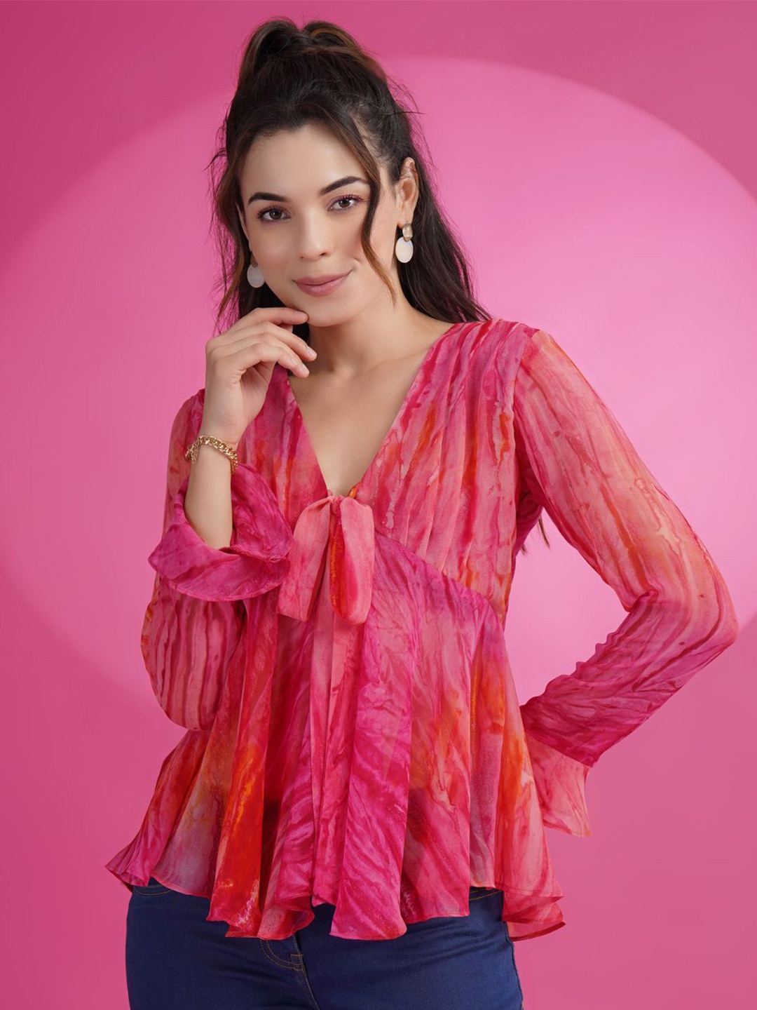 

KALINI Women Ombre Puff Sleeve V-Neck Top, Pink