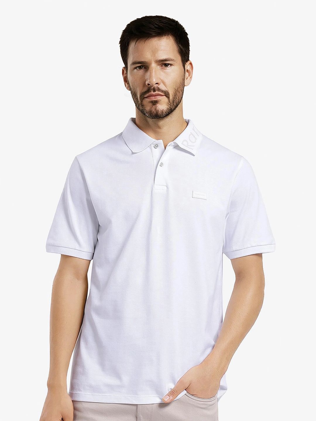 

RARE RABBIT Men Solid Polo Collar Cotton T-shirt, White
