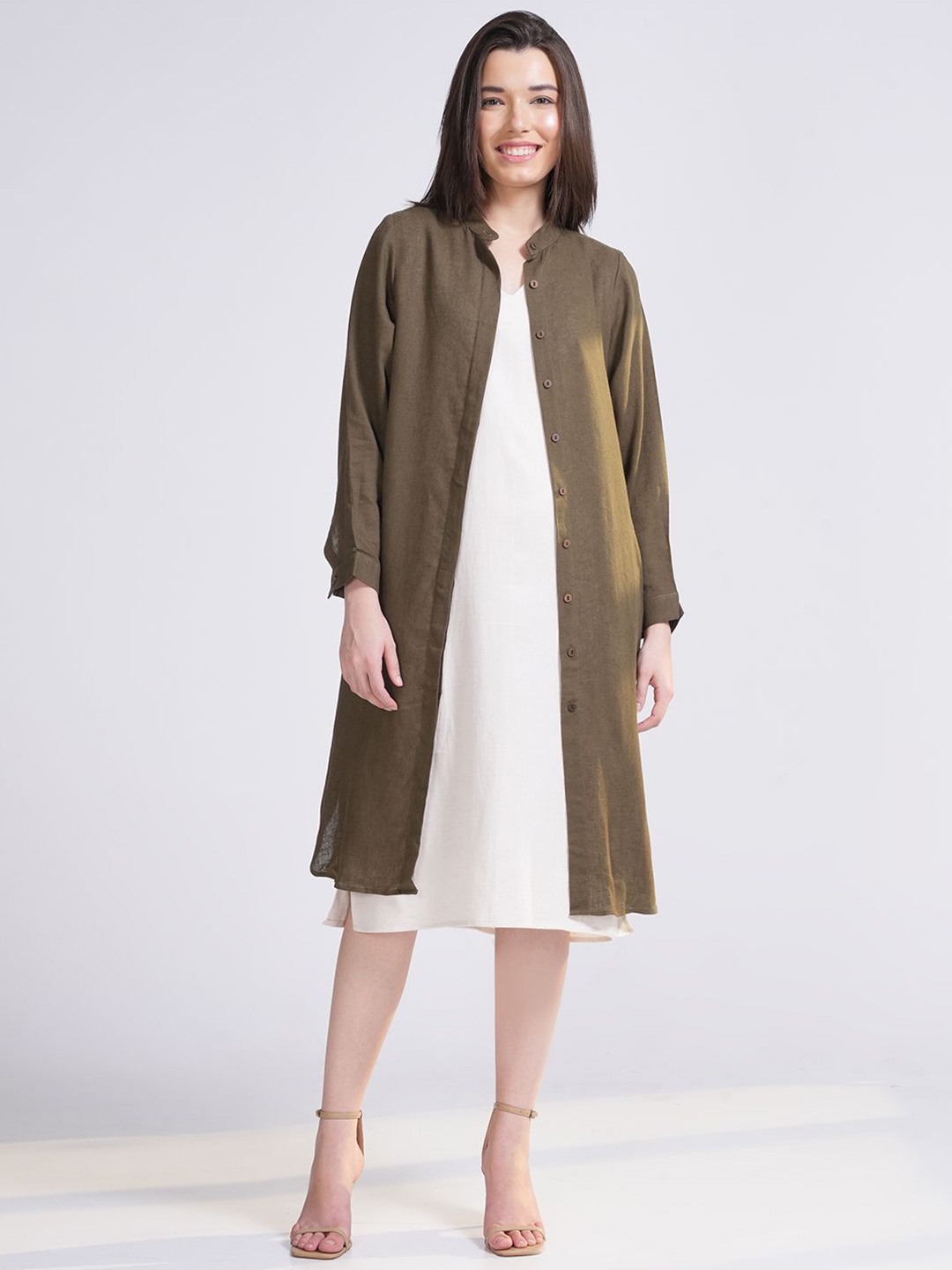 

Saltpetre Linen Mandarin Collar Tunic, Olive