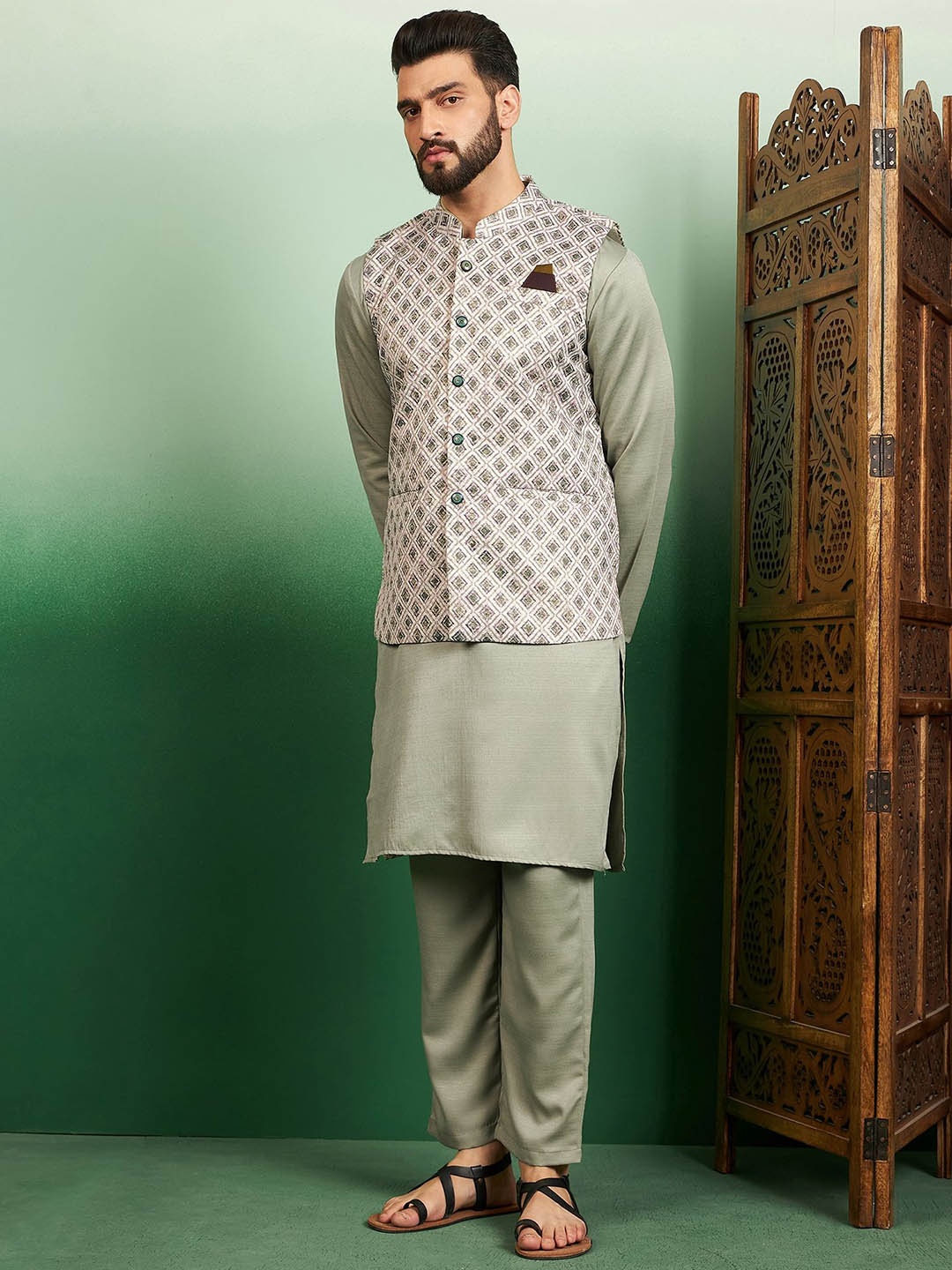 

House of Pataudi Men Printed Nehru Jackets, Green