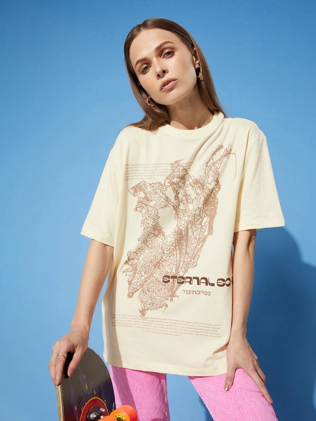 

The Roadster Life Co. Printed Drop-Shoulder Sleeves Oversized T-shirt, Yellow