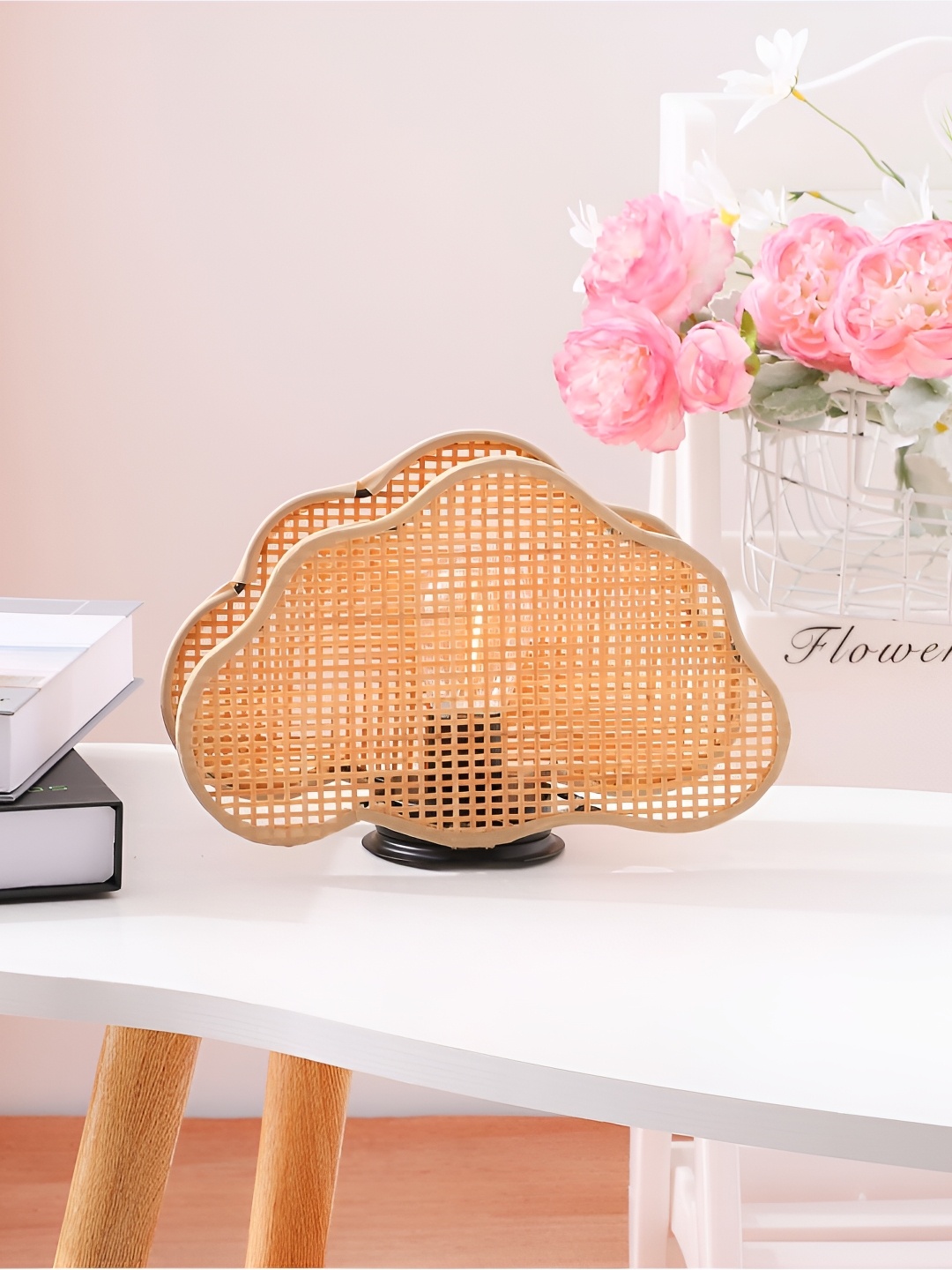 

The Better Home Yellow Textured Abstract Shaped Iron Frame Bamboo Shade Table Lamp