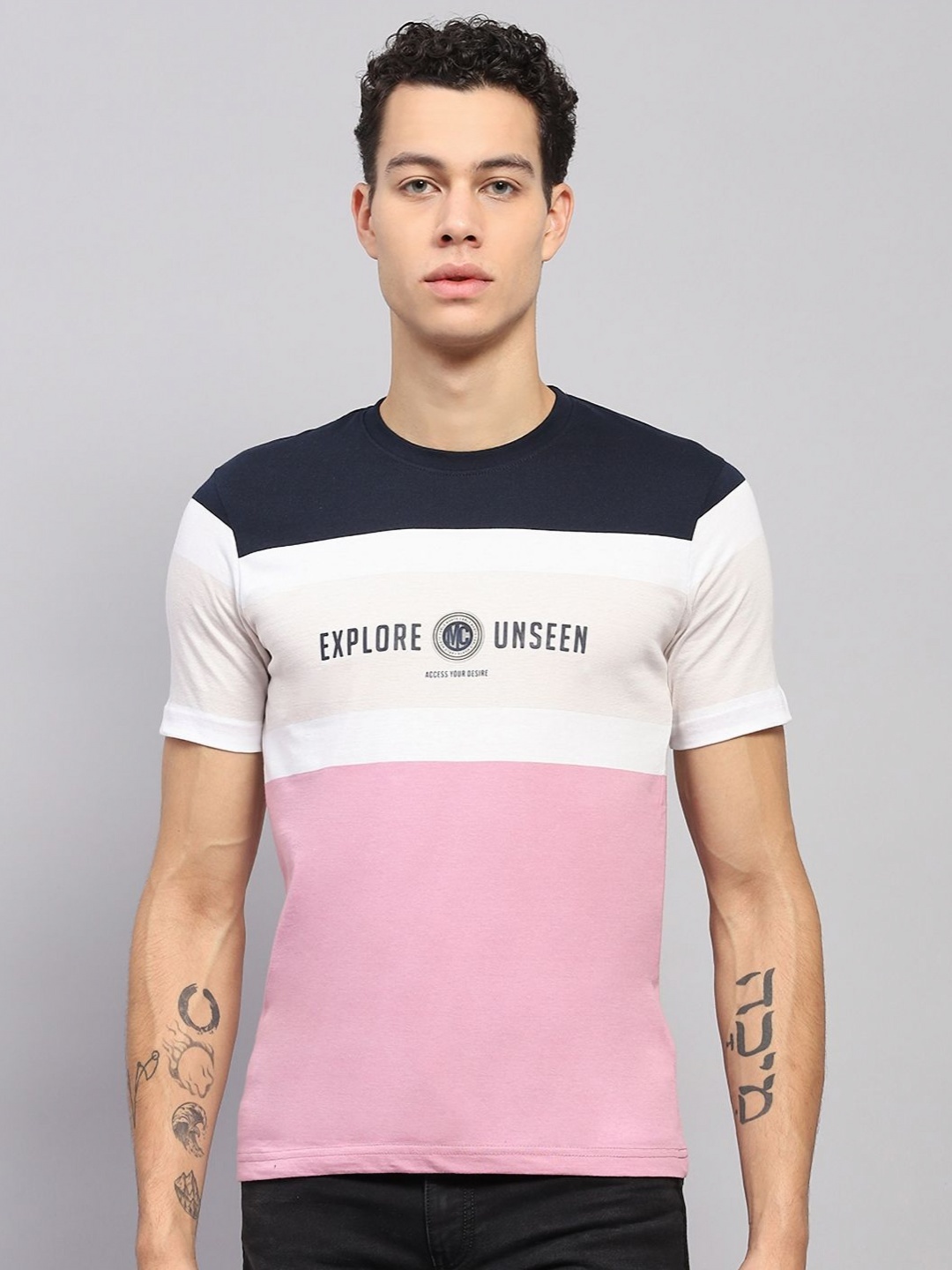 

Monte Carlo Men Colourblocked Round Neck Cotton T-shirt, Pink
