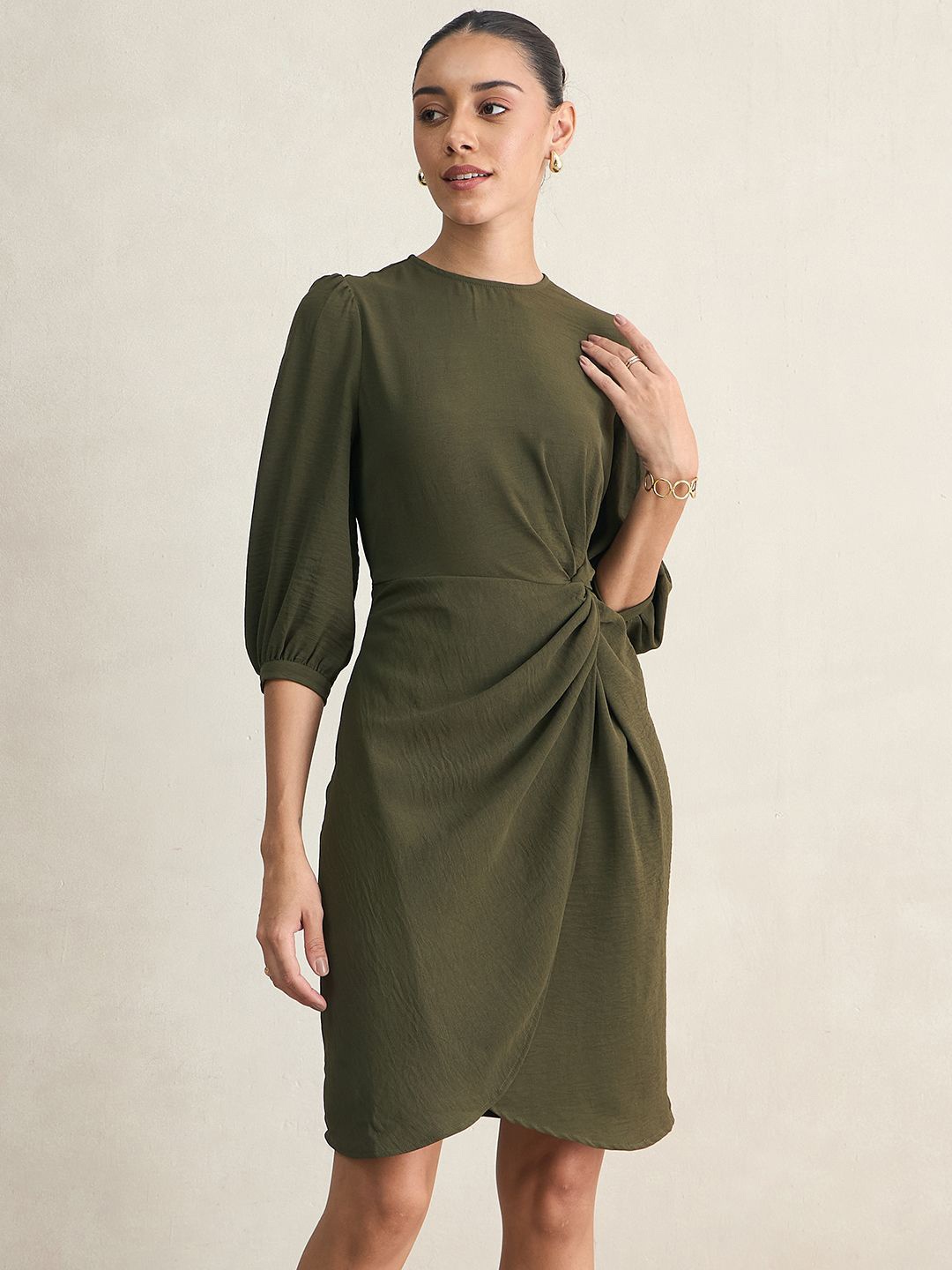 

FEMMELLA Women Puff Sleeve Sheath Dress, Olive