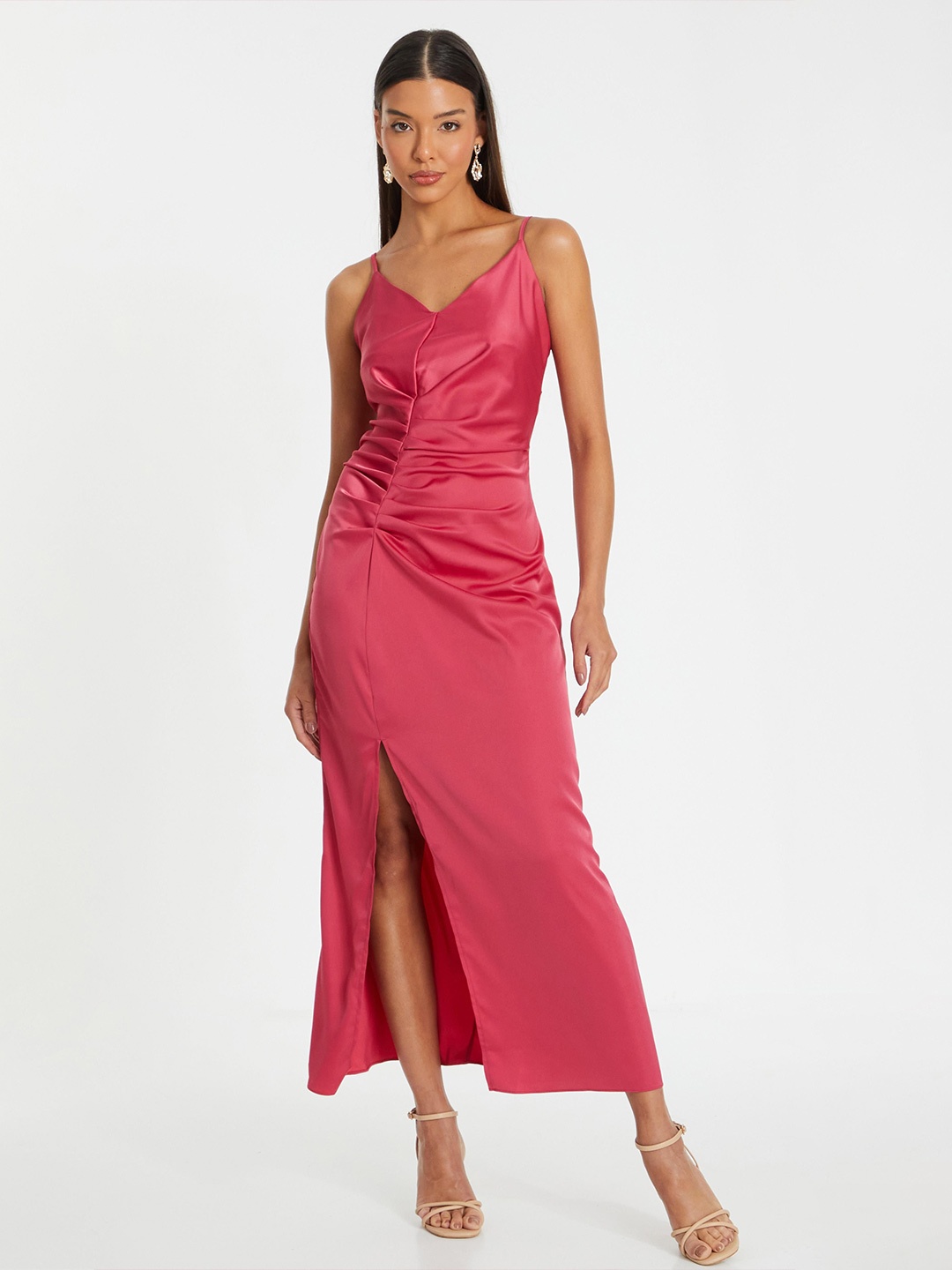 

QUIZ Women Satin Fit & Flare Party Maxi Dress, Pink